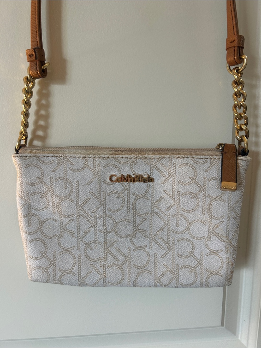 Calvin Klein Cream Crossbody with Tan Strap & Gold Chain